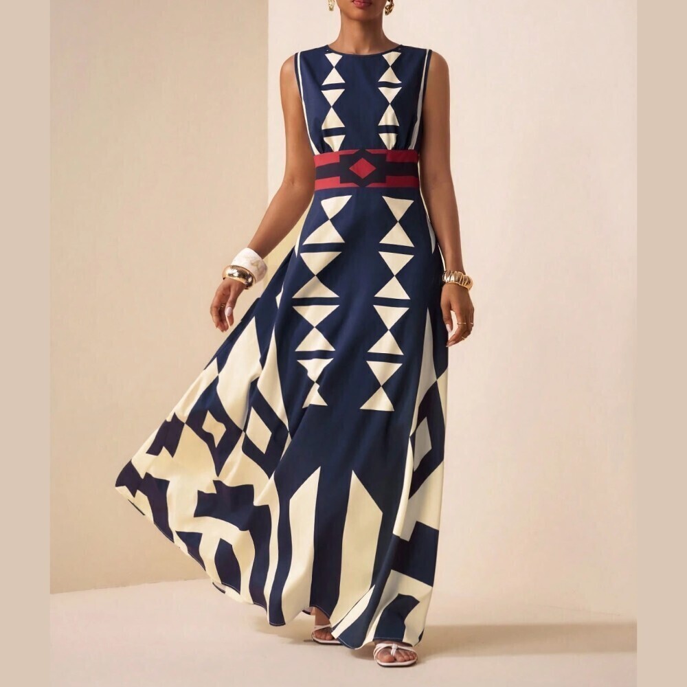 Navy Geometric Print Sleeveless Lightweight Maxi Dress with Contrast Waistband